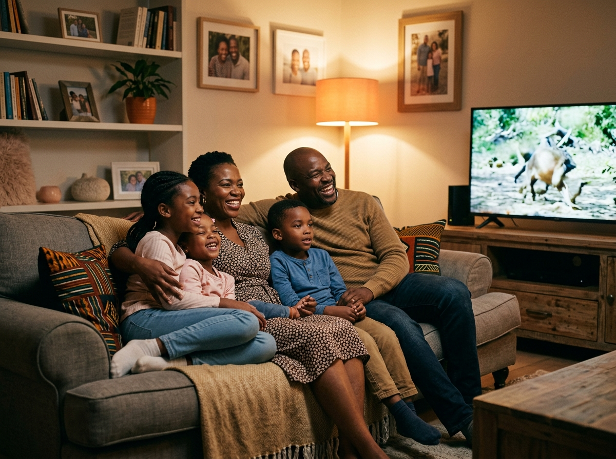African family watching TV together at home in the USA