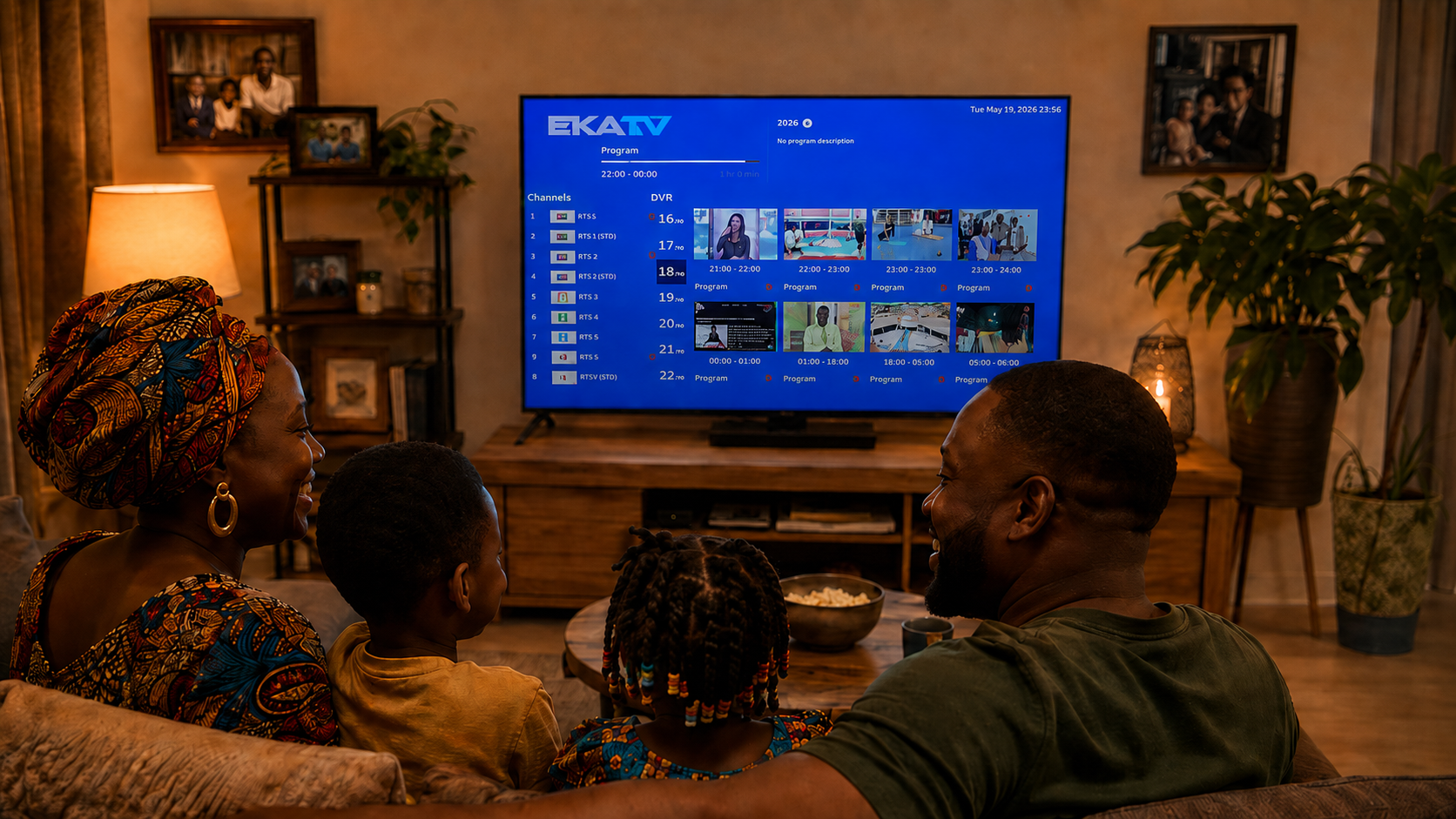 Une famille africaine regarde les chaînes africaines avec EkaTV aux États-Unis